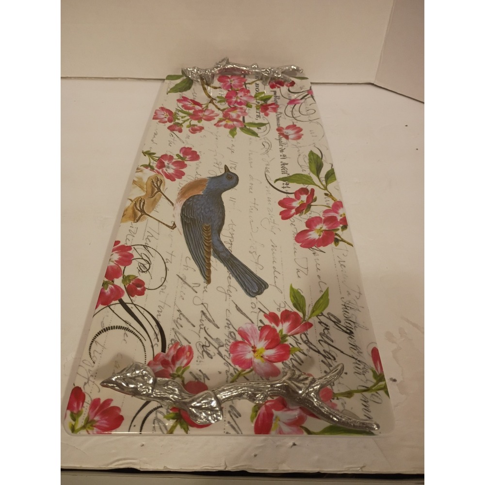 Mariposa Pamela Gladding Melamine Serving Tray BluebirdFloral Branch Handles19in - Picture 3 of 10